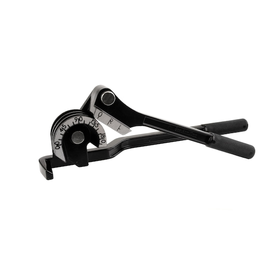 STANLEY 0-70-451 handmatige buizenbuiger, zwart metaal, zijaanzicht op witte achtergrond.