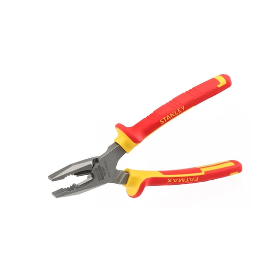 STANLEY 0-84-001 geïsoleerde combinatietang met rode en gele handgrepen, zijaanzicht van het product op witte achtergrond.