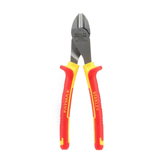 STANLEY 0-84-003 diagonale kniptang met rode en gele handgrepen, frontaal beeld, handgereedschap.