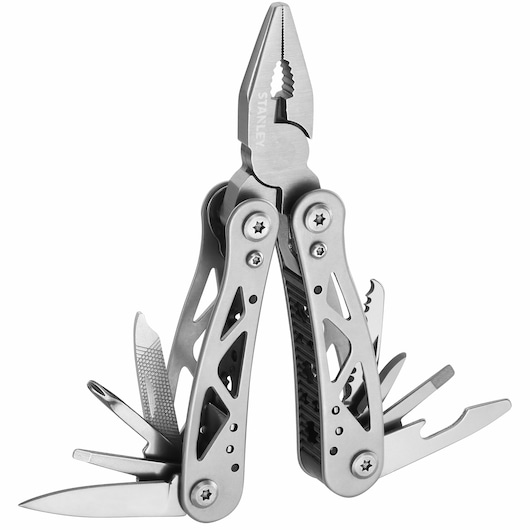 STANLEY 0-84-519 outil multifonction avec pince, couteau, tournevis et outils, finition argentée, vue de face.