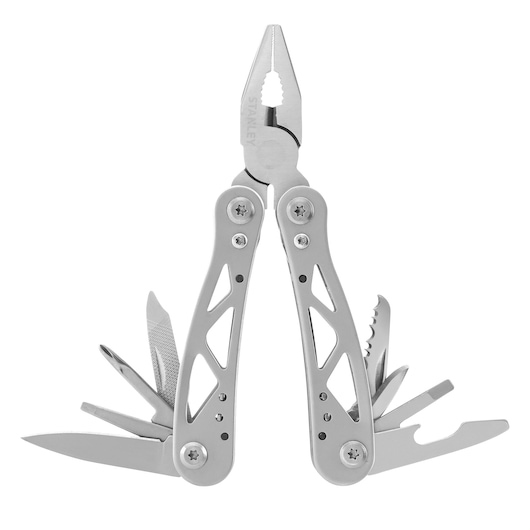 STANLEY 0-84-519 multi-outil avec pince, couteau, lime et outils ouverts, argenté, vue de face en studio.