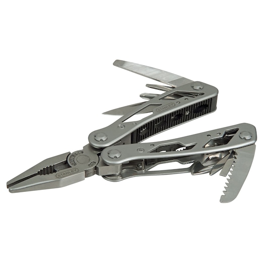 Outil multifonction STANLEY 0-84-519 avec pince, couteau, scie et autres outils dépliés, vue latérale sur fond blanc.