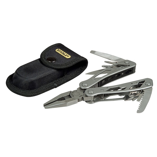 STANLEY 0-84-519 outil multifonction avec pince ouverte et étui noir, angle avant sur fond blanc.