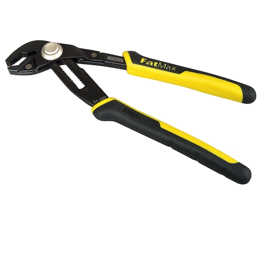 Pince multiprise STANLEY 0-84-649 à poignées noires et jaunes, vue latérale sur fond blanc.