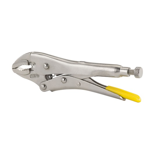 STANLEY 0-84-808 griptang met gebogen bekken, zilveren afwerking en gele handgreep, zijaanzicht.