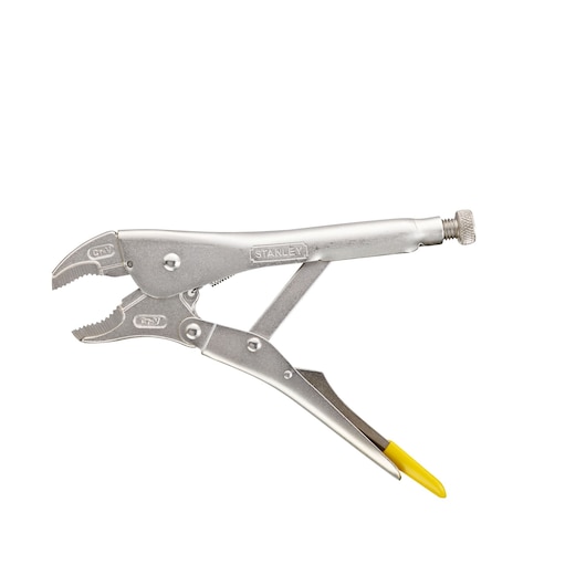 STANLEY 0-84-809 verstelbare griptang met gebogen bekken en gele greep, zijaanzicht op witte achtergrond.