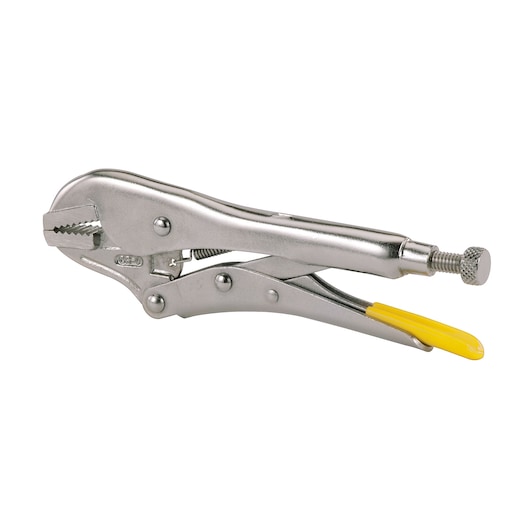STANLEY 0-84-810 vergrendeltang met chroomafwerking en gele handgreep, zijaanzicht op witte achtergrond.