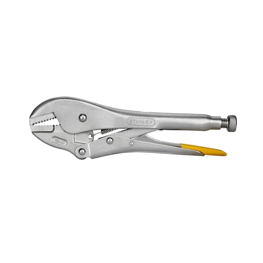 STANLEY 0-84-811 klemtang, zilverkleurig metaal met gele handgreep, zijaanzicht op witte achtergrond.