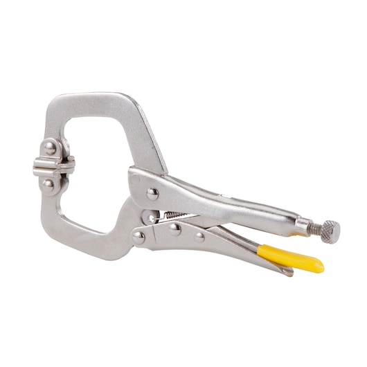 STANLEY 0-84-815 pince-étau en métal type C avec poignée jaune, vue latérale sur fond blanc.