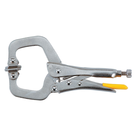 STANLEY 0-84-815 pince C autobloquante argentée avec gâchette jaune, angle latéral, fond blanc