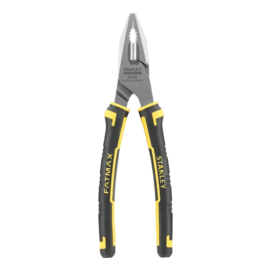STANLEY 0-89-866 combinatietang met zwart-gele handgrepen, vooraanzicht, witte achtergrond.