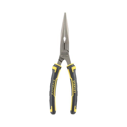 STANLEY 0-89-870 pince à bec long, poignées noires et jaunes, angle frontal, fond blanc.