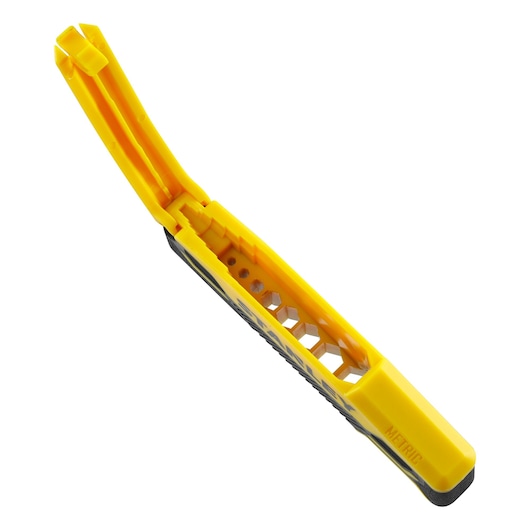 STANLEY 0-89-904 gele en zwarte metrische vouw-inbussleutelset, schuine bovenaanzicht, witte achtergrond.