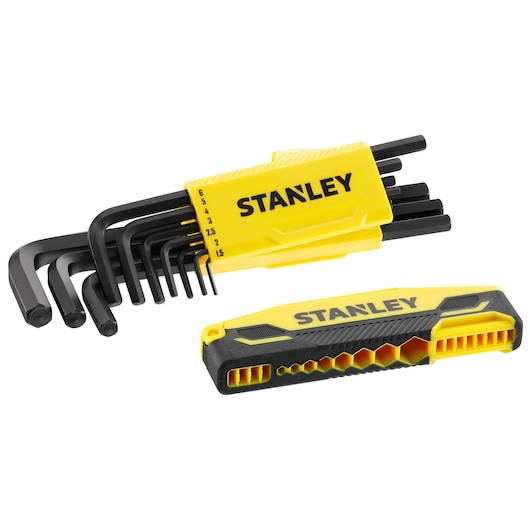 STANLEY 0-89-904 inbussleutelset met geel-zwarte houder, vooraanzicht op witte achtergrond.
