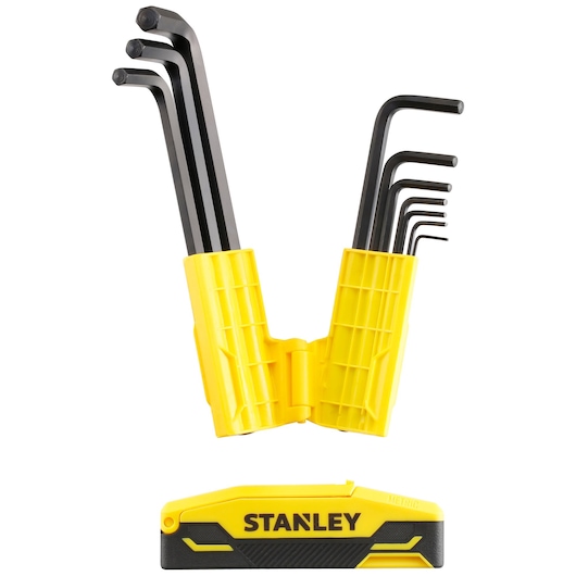 Foto van STANLEY 0-89-904 inbussleutelset in geel-zwarte vouwhoes, metrische maten, vooraanzicht op witte achtergrond.