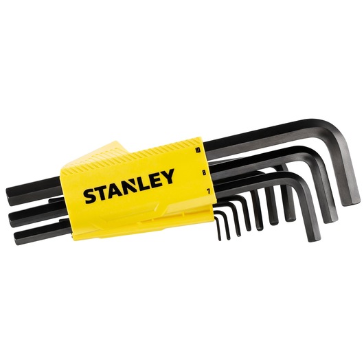 STANLEY 0-89-904 Fotografie van zwarte inbussleutelset in gele houder, zijaanzicht op witte achtergrond.
