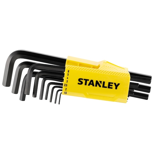 STANLEY 0-89-904 inbussleutelset met gele houder, zwarte L-vormige sleutels, vooraanzicht op witte achtergrond.