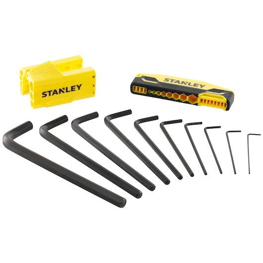 STANLEY 0-89-904 inbussleutelset met zwarte L-sleutels en gele houders, fotografie op witte achtergrond.