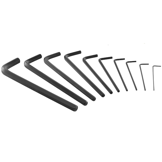 STANLEY 0-89-904 set inbussleutels, 10 zwarte L-vormige sleutels in verschillende maten, schuine aanzicht op witte achtergrond.