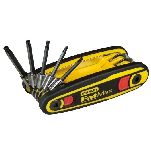 STANLEY 0-97-553 tournevis pliant multi-embouts avec poignée noire et jaune, plusieurs embouts déployés, vue latérale.