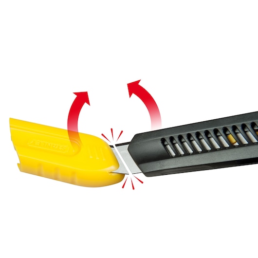 STANLEY 1-10-151 hobbymes met gele mesbeschermer en demonstratiepijlen op witte achtergrond, zijaanzicht.