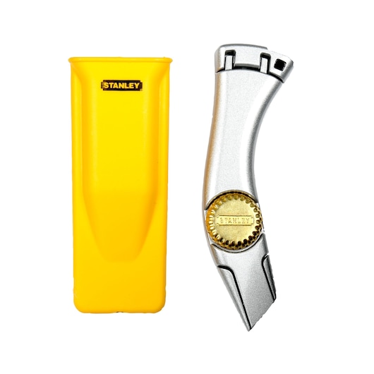 Stanley 1-10-550 zilveren stanleymes met gouden wiel en gele hoes, vooraanzicht op witte achtergrond.