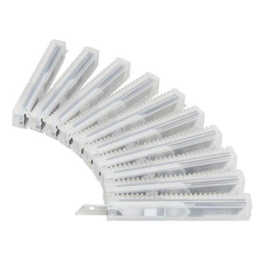 STANLEY 1-11-300 messen in doorzichtige plastic dozen, in waaiervorm gerangschikt, productfoto op witte achtergrond.