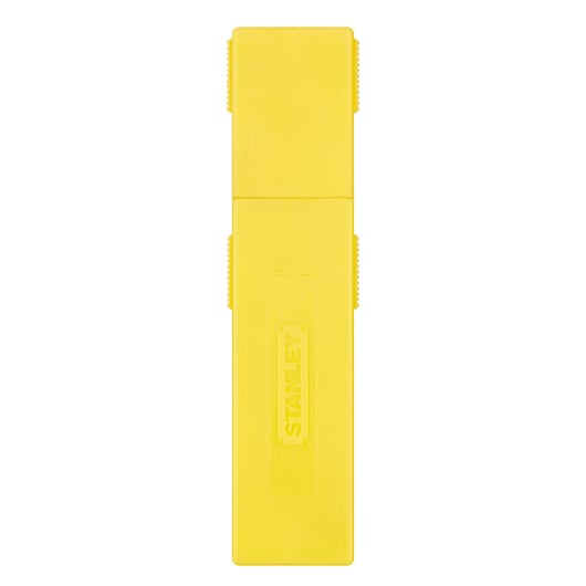 Photo du distributeur de lames utilitaires STANLEY 1-11-325 en plastique jaune, vue de face, avec logo en relief.