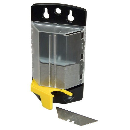 STANLEY 1-11-700 mesjesdispenser met transparante houder, gele slider en los mesje op witte achtergrond.