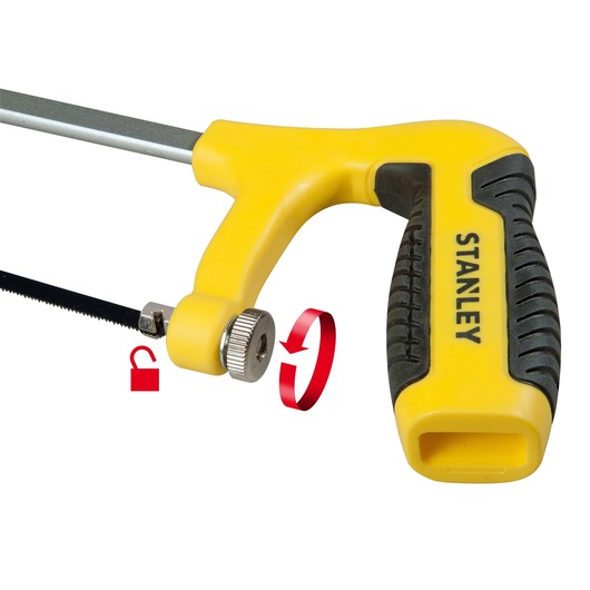 STANLEY 1-15-317 mini scie à métaux avec poignée jaune et noire, molette de verrouillage visible, fond blanc.