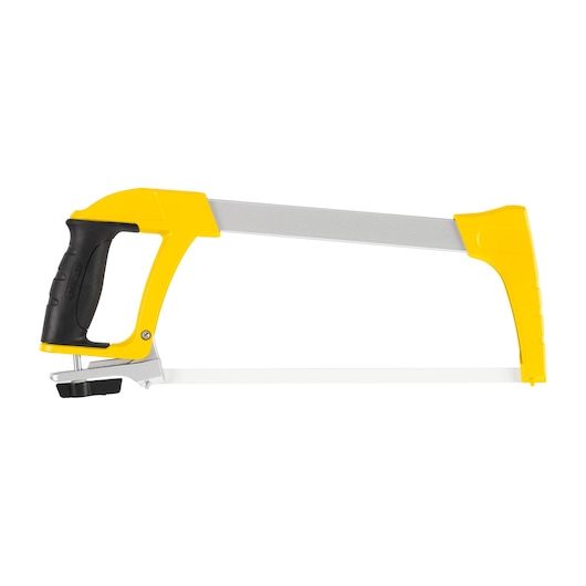 STANLEY 1-20-110 scie à métaux avec cadre jaune et poignée ergonomique noire, vue latérale sur fond blanc.