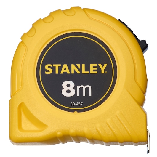 Foto van STANLEY 1-30-457 geel 8m rolmaat vooraanzicht, zwart rond label met gele tekst.