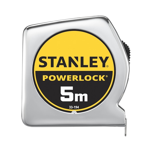 STANLEY 1-33-194 mètre ruban, série PowerLock, longueur 5m, boîtier chromé, angle avant sur fond blanc.