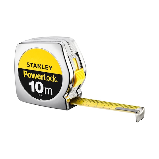 STANLEY 1-33-442 PowerLock mètre ruban, argent et jaune, angle latéral sur fond blanc.