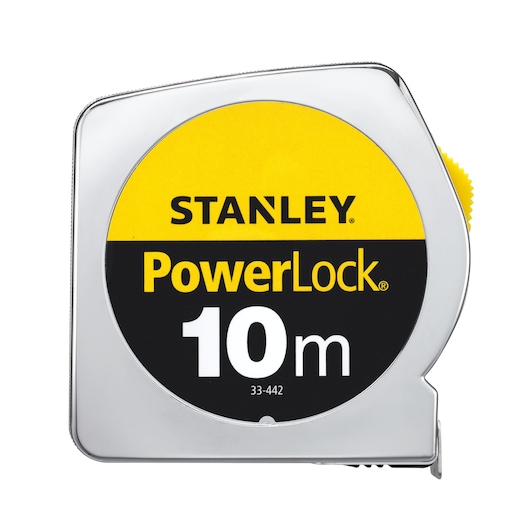 STANLEY 1-33-442 PowerLock mètre ruban 10m, vue de face, boîtier argenté avec étiquette jaune et noire.