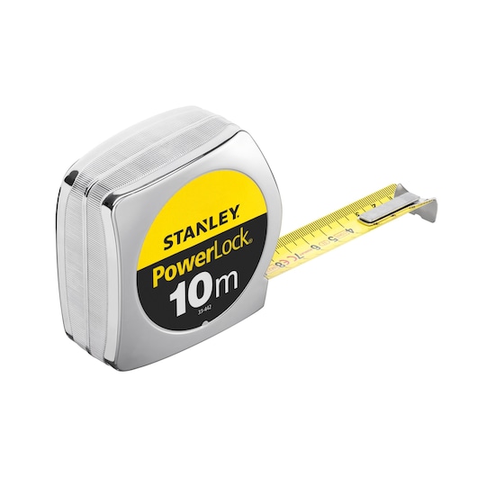 STANLEY 1-33-442 PowerLock mètre ruban, 10m, corps argenté, ruban jaune, photo en angle latéral.