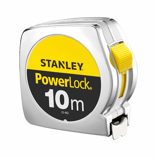 STANLEY 1-33-442 PowerLock mètre ruban, 10m, corps argenté avec bouton jaune, photo angle avant.