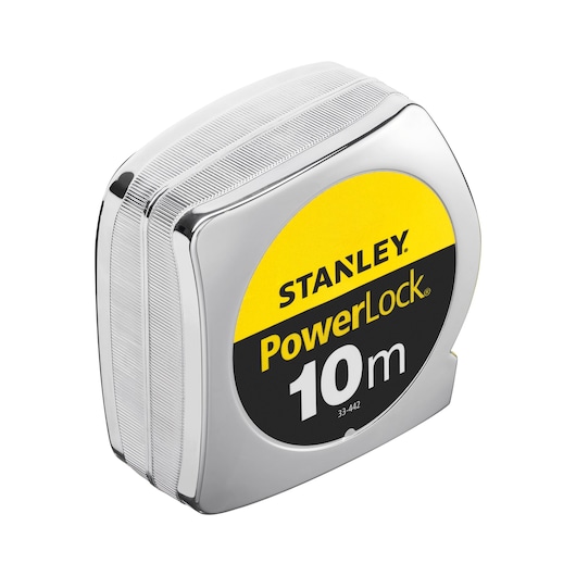 STANLEY 1-33-442 PowerLock mètre ruban 10m, boîtier chromé, photo du produit sur fond blanc.