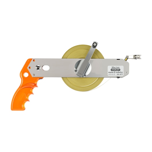STANLEY 1-34-477 meetlint met oranje handgreep, metalen frame en zwengel, vooraanzicht.