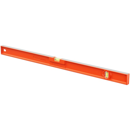 STANLEY 1-42-254 oranje waterpas met twee waterpasbuizen, zijaanzicht op een witte achtergrond.