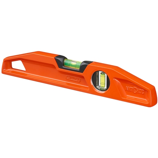 STANLEY 1-42-311 oranje waterpas met twee buislibellen, schuine fotografie op witte achtergrond.