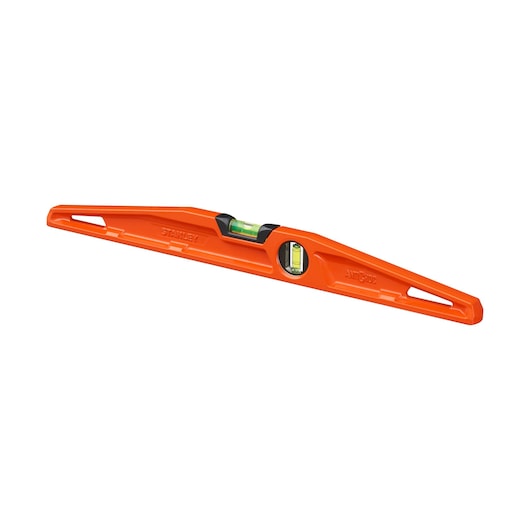 STANLEY 1-42-313 oranje waterpas, twee libellen, schuine hoek, witte achtergrond.