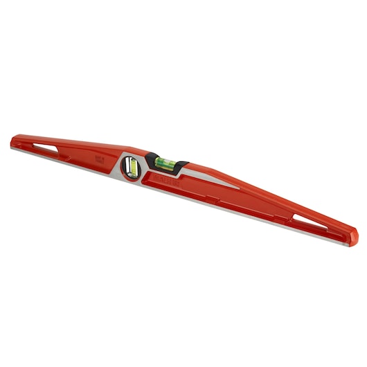 STANLEY 1-42-423 niveau à bulle rouge avec deux fioles, angle latéral, cadre robuste et poignées ergonomiques.