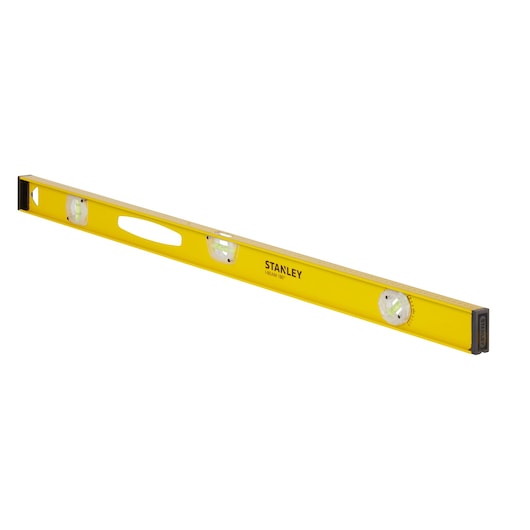 STANLEY 1-42-922 niveau à bulle jaune avec trois fioles, vue latérale sur fond blanc.
