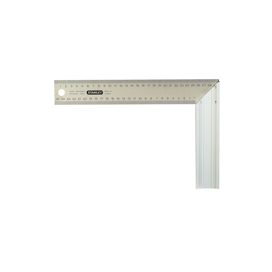 STANLEY 1-45-685 équerre de menuisier en acier avec graduations métriques et impériales, vue de dessus sur fond blanc.