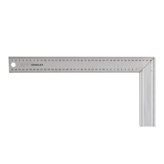 Équerre de menuisier en acier inoxydable STANLEY 1-45-687 avec graduations métriques, vue de dessus sur fond blanc.