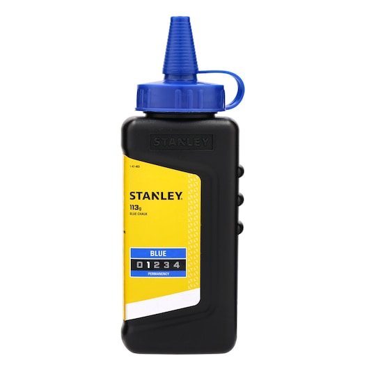 STANLEY 1-47-403 blauwe kalkfles, 113g, met geel label en blauwe dop, productfoto op witte achtergrond.