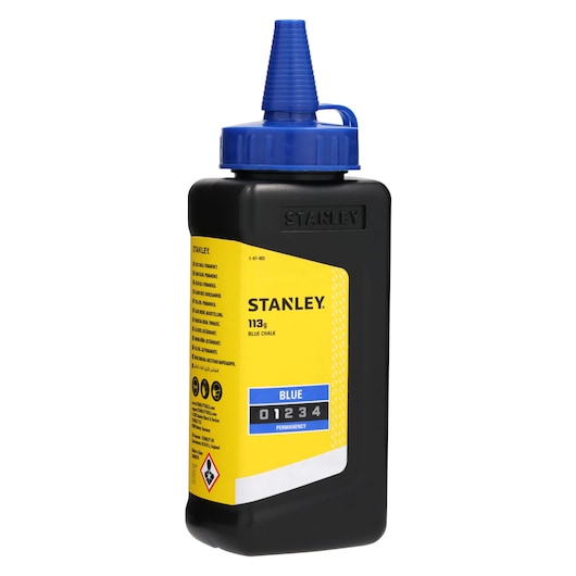 STANLEY 1-47-403 blauwe krijtpoederfles, 113g, geel label, zwarte container met blauwe dop, vooraanzicht.