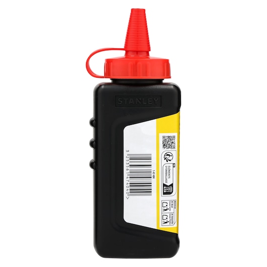 STANLEY 1-47-404 fles met markeerpoeder, zwarte fles met rode tuit, zijaanzicht, productfotografie.