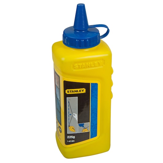 STANLEY 1-47-803 markeerkrijt navulling, gele plastic fles met blauwe tuit, schuine hoek.